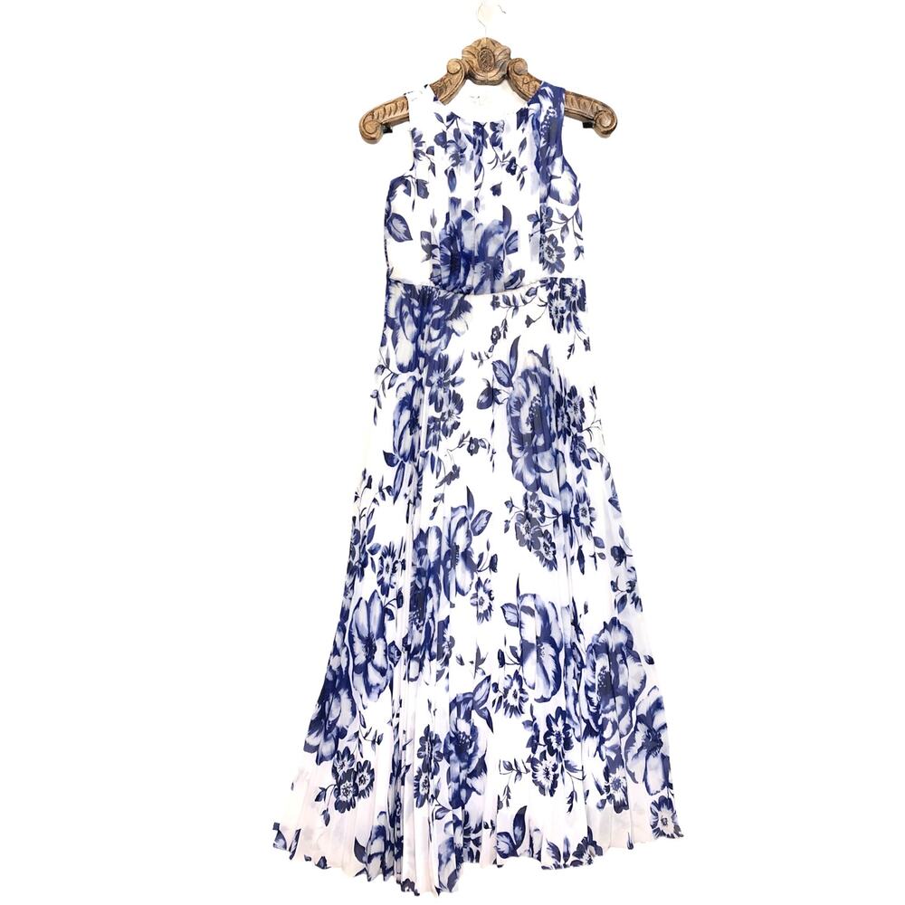 Eliza J Dress White Blue Floral Porcelain Pleated Chiffon Sleeveless Maxi 6P - Picture 2 of 8